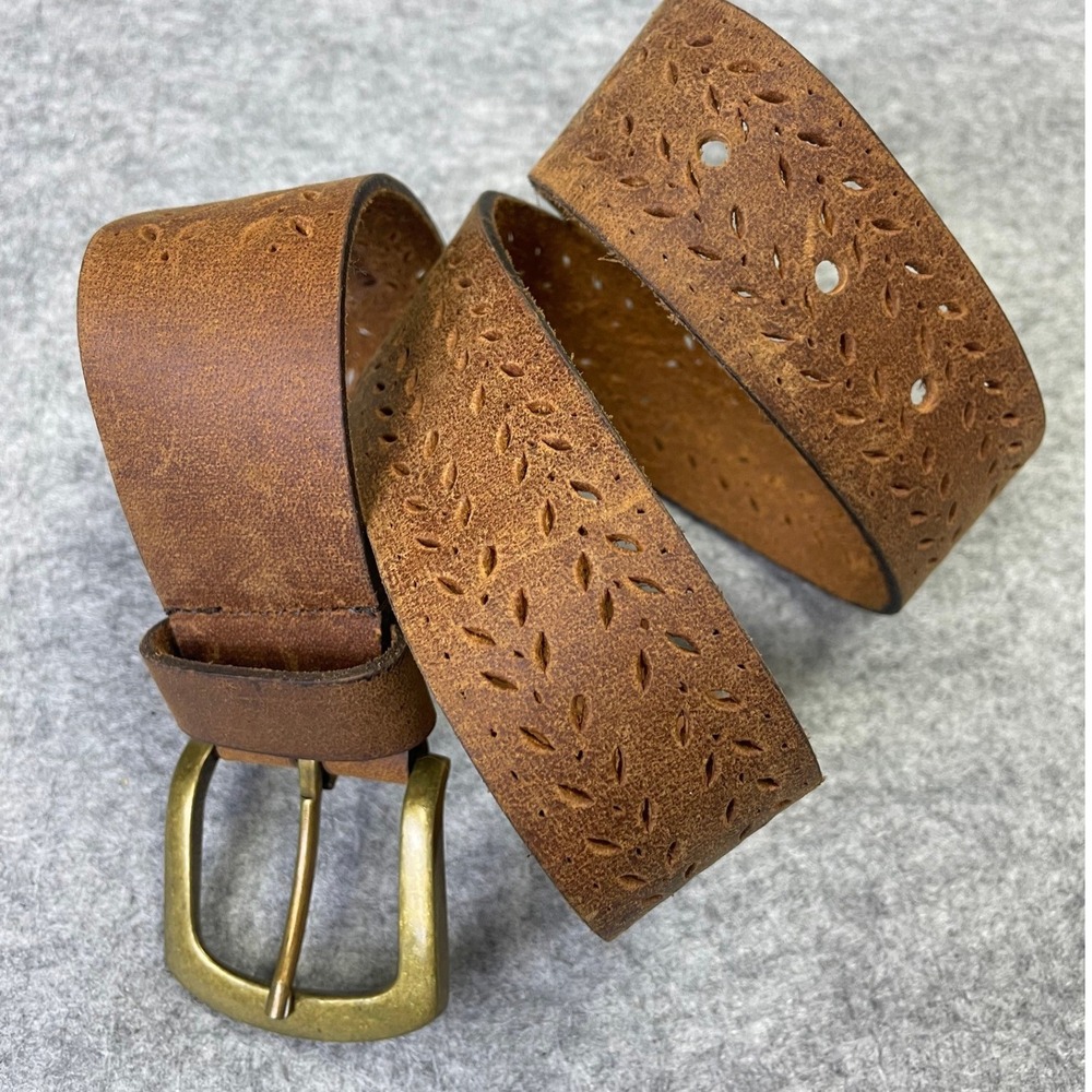 Womens Brown Genuine Leather Perforated Floral Belt 30''xDistressed Brass Buckle